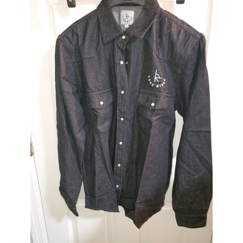 Lone River Mens Black Denim Western Pearl Snap Long Sleeve Shirt Large Logo